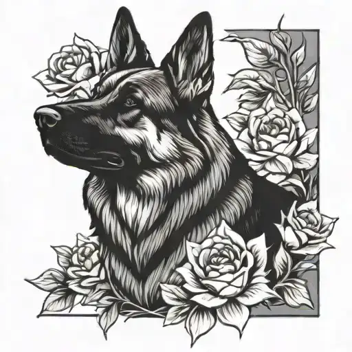 German Shepard Surrounded By Roses And Sunflowers