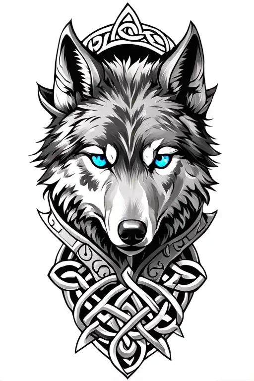 Wolf With Blue Eyes On Armor Tattoo Design Featuring Celtic Trinity Knot