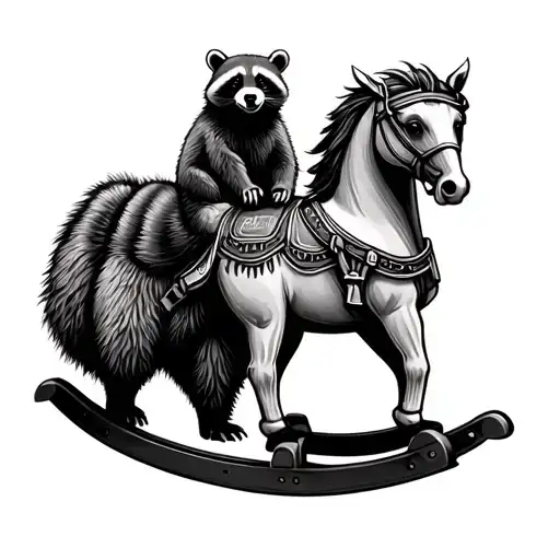 Raccoon Riding Rocking Horse With Bear Cub Standing In Front