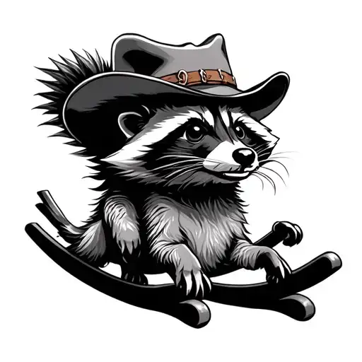 Raccoon Wearing Cowboy Hat Riding Rocking Horse