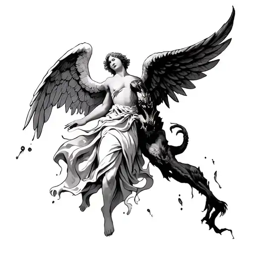 Angel Who Breaks The Demon On The Caviar In A Minimalist Style