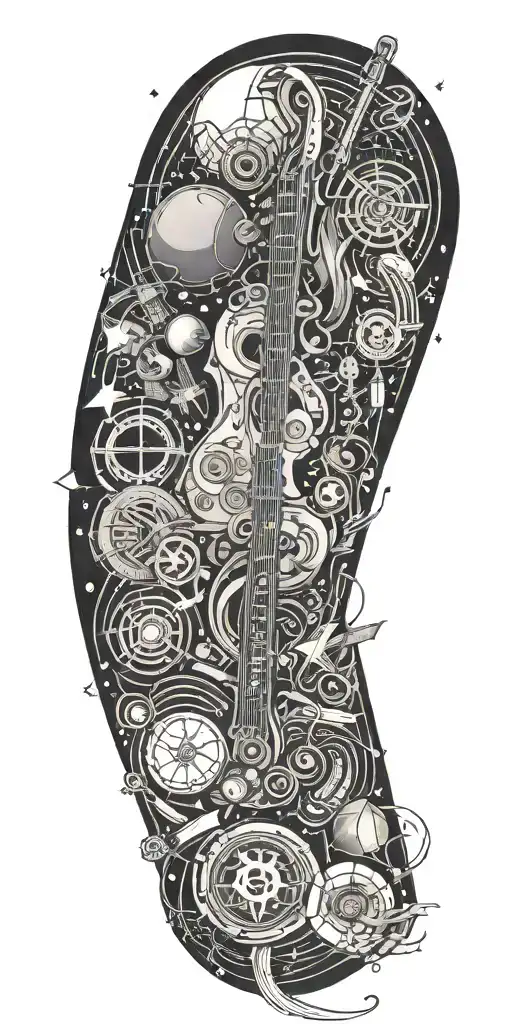 A Geometric Design Featuring A Mix Of Musical Instruments And Religious Symbols In A Cosmic Setting