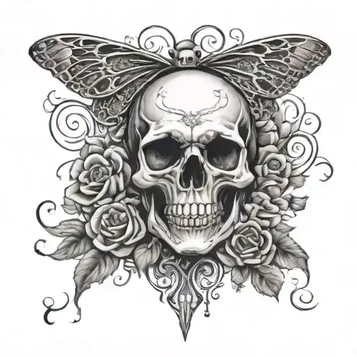 Skull With Death Moth In A Bed Of Roses Growing