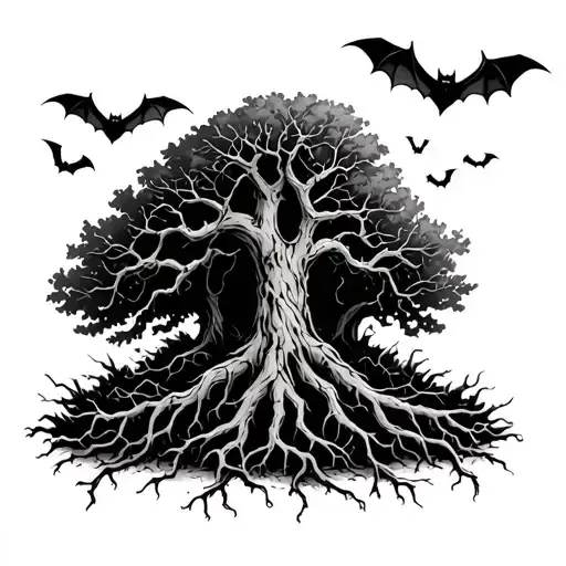 Poison Tree With Roots And Bats Everywhere