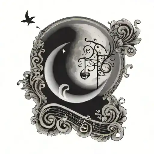 Shaded Crescent Moon With Music Notes Hanging Over The Edge