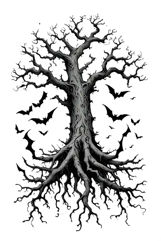 Poison Tree With Roots And Bats Everywhere But A Little Skinny