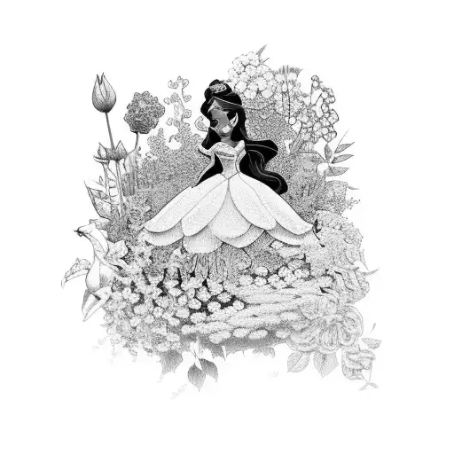 A Black-grey Tattoo Of A Disney Princess Surrounded By A Garden Of Flowers