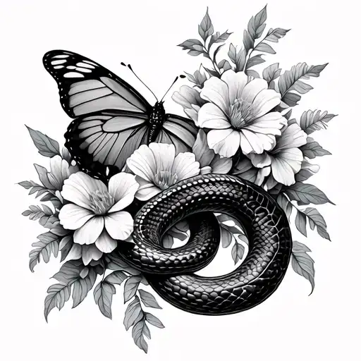 Snake And Butterfly Surrounded By Flowers