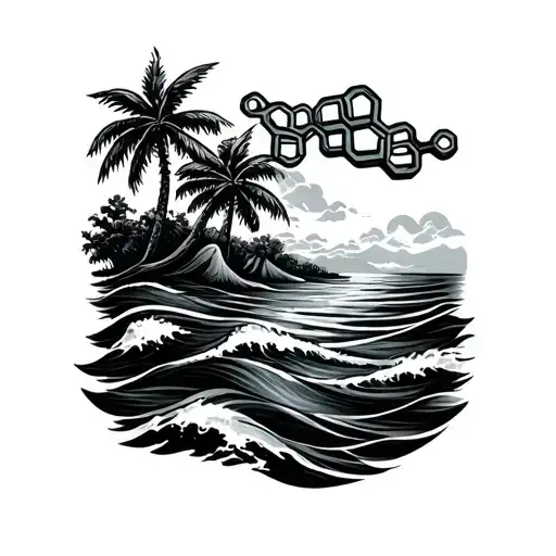 Seratonin Molecule With Waves And Palm Tree