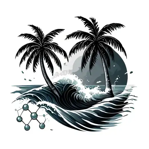 Seratonin Molecule With Waves And Palm Tree