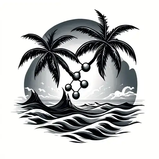 Seratonin Molecule With Waves And Palm Tree