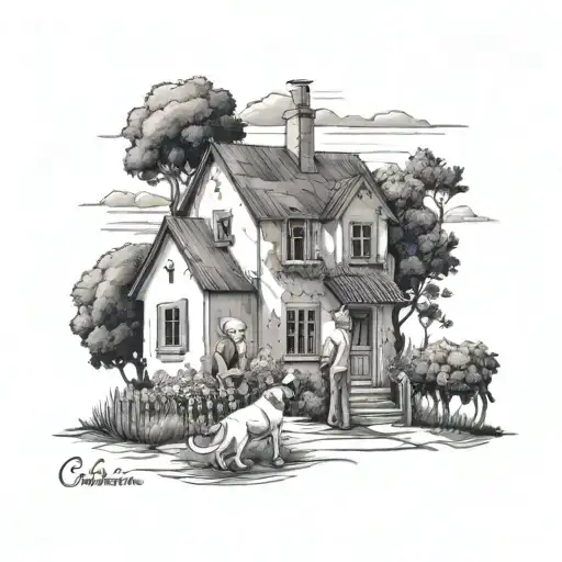 A House In A Vineyard With 2 Grandparents And A Dog Standing Infront Of It