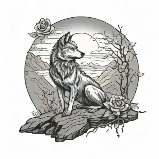 Cliff Top On Mountain Girl Sitting Next To A Wolf And A Rose