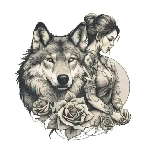 Girl Sitting Next To A Wolf And A Rose Looming At A Mountain