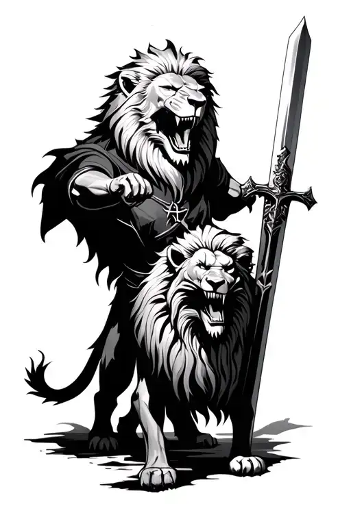Scary Lion And A Men Who Is Christian Warrior Wielding A Sword