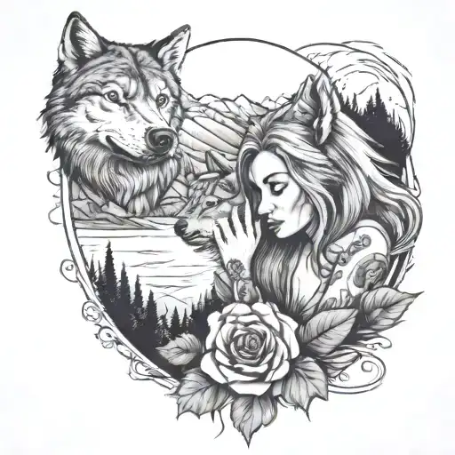 Girl Sitting Next To A Wolf And A Rose Looking Towards A Mountain