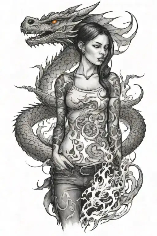 Girl Standing In Front Of A Dragon Breathing Fire