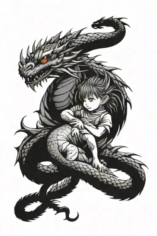 Dragon Standing Behind A Small Girl