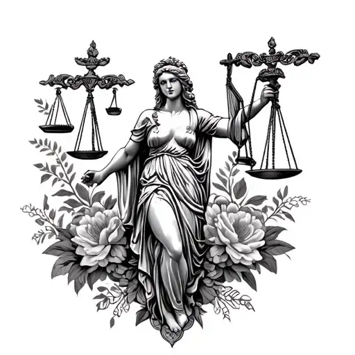 Lady Of Justice In A Greek Floral Leg Sleeve