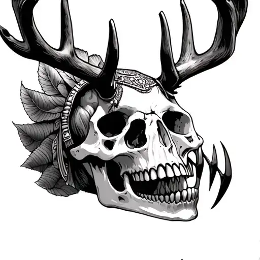 Human Skull With A Combination Of Indian And Deer Fangs
