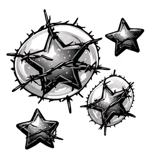 Three Kawaii Bubble Stars In Different Sizes Made Out Of Barbed Wire In American Traditional Style