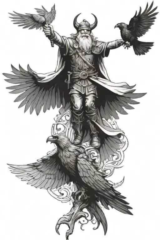 Odin And Ravens Flying