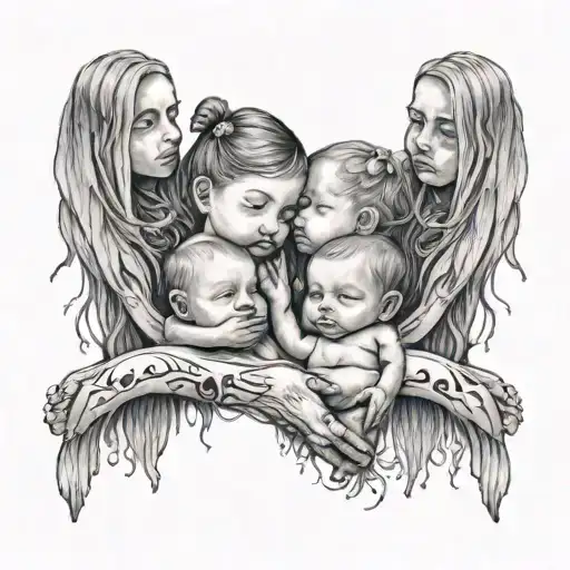 3 Big Sisters And 1 Little Brother Holding The Hand Of A Soul Of A Baby That Died