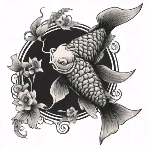 Japanese Koi Fish With Flowers