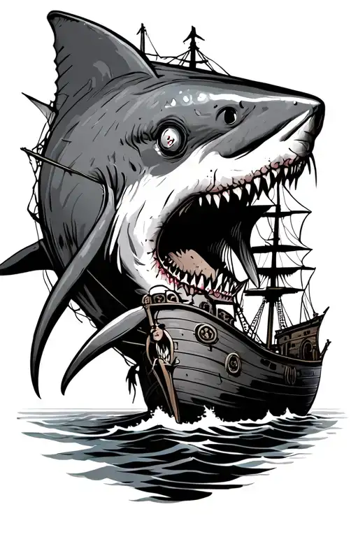 Zombie Shark With A Tattered Pirate Ship