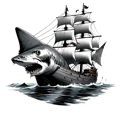 Zombie Shark Under A Tattered Pirate Ship Sailing Through Water
