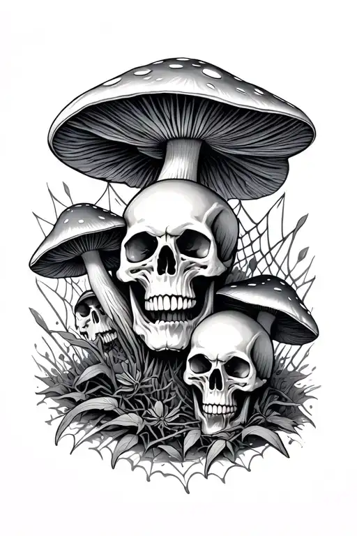 Skulls And Mushrooms With Spider Webs