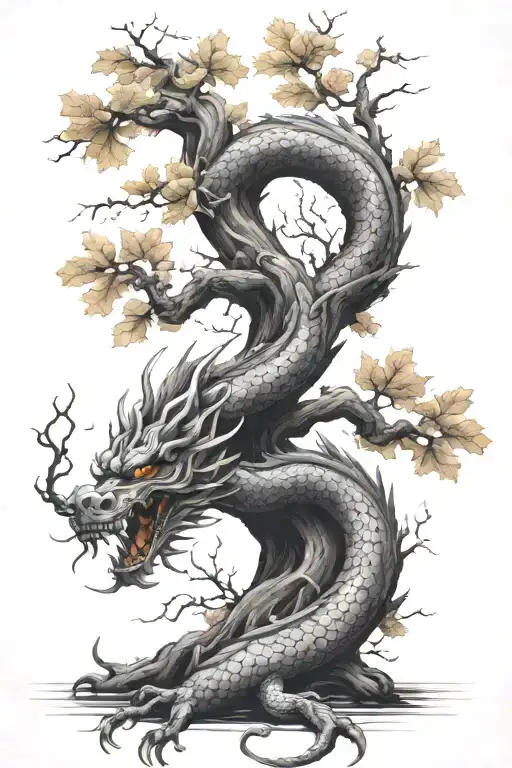 Old Oak Tree Few Coloured Leaves Japanese Dragon