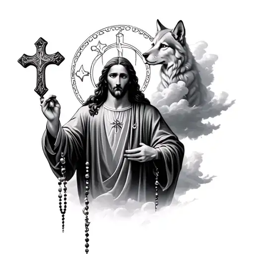 God Holding Rosary Surrounded By Clouds And Cross With A Wolf