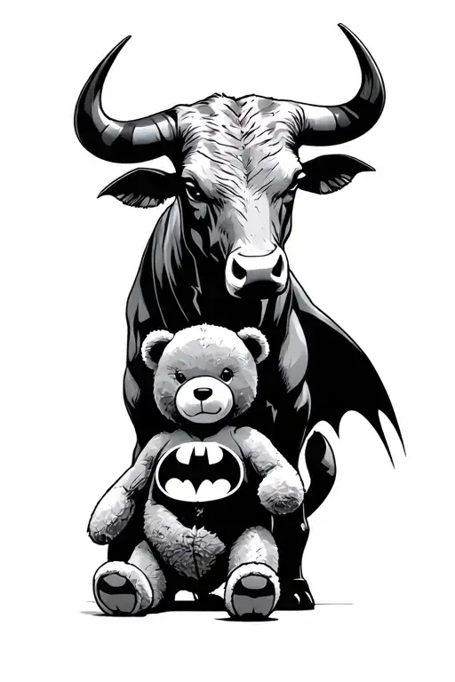 Taurus Bull With Batman Logo And Teddy Bear Holding