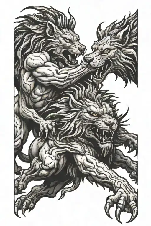 Lion Wolf Devil Fighting