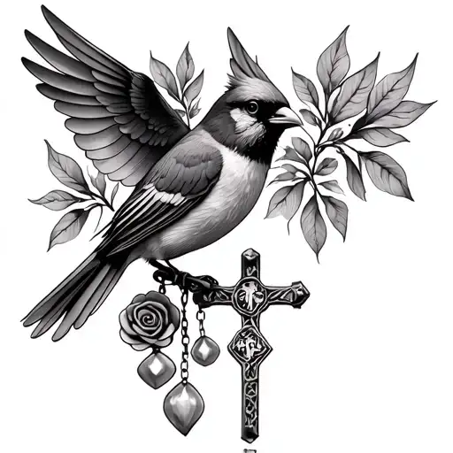 Rosary Tattoo With A Cardinal Bird