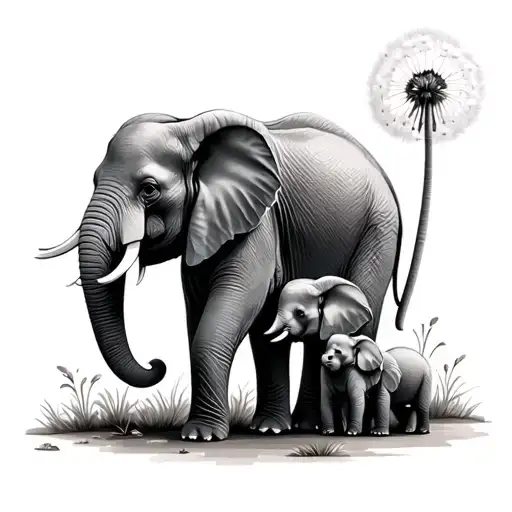 Elephant With Two Babies And Dandelion