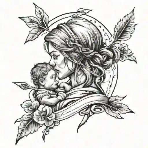 Design A Tattoo Of A Mother And Child With Arrows Symbolizing Protection