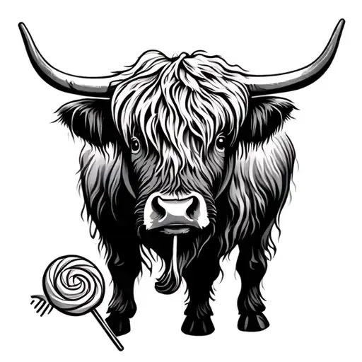 Highland Cow With Phone Cord Around Horn And A Lollipop