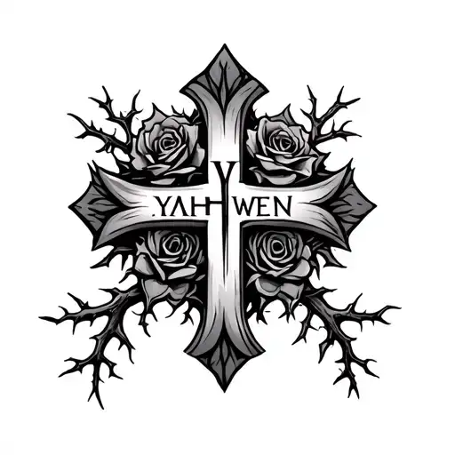 Cross With Roots That Spell Yahweh With Rose And Thorns