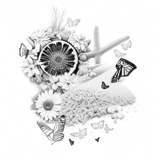A Beach Scene With Flowers And Butterflies In Black And Grey