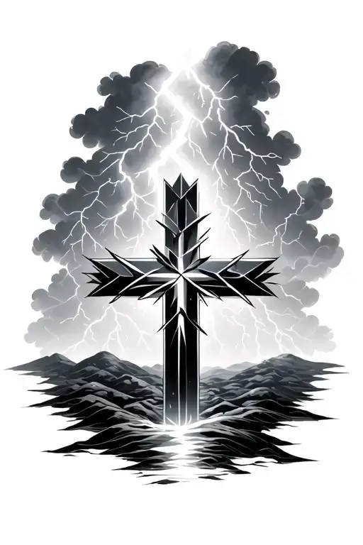 Geometric Cross With A Thunderstorm Background With Lightning