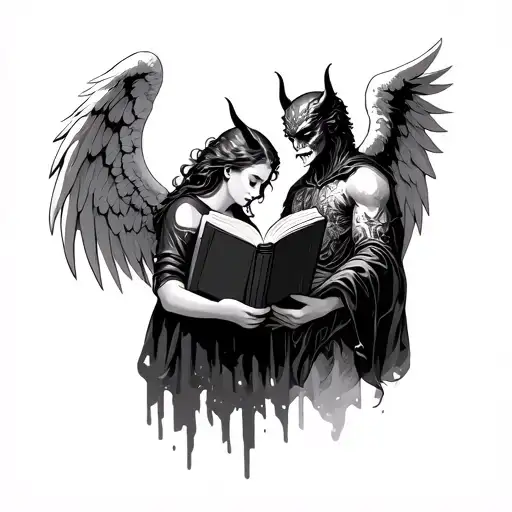 Angel And Devil Holding Open Book