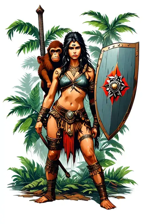 Amazonian Warrior Woman With Brown Monkey On Shoulder Holding With Sword And Shield In Jungle