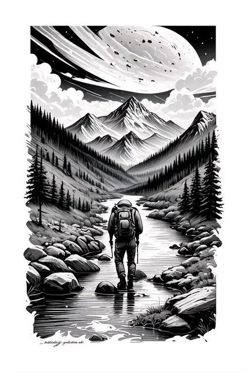 Hiker In The Mountains In Front Of A River With 2 Paths And With Outer Space In The Sky