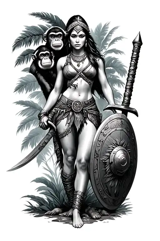 Amazonian Warrior Woman With Monkey On Shoulder Holding With Sword And Shield In Jungle
