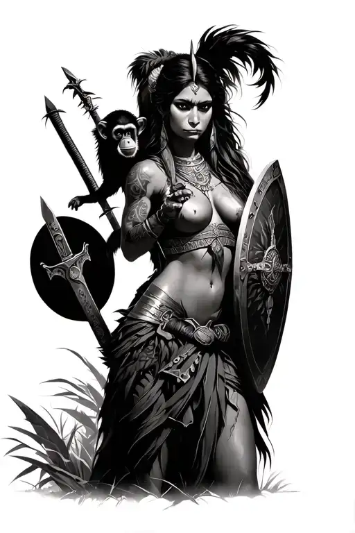 Amazonian Warrior Woman With One Monkey On Shoulder Holding With Sharp Sword And Shield In Jungle