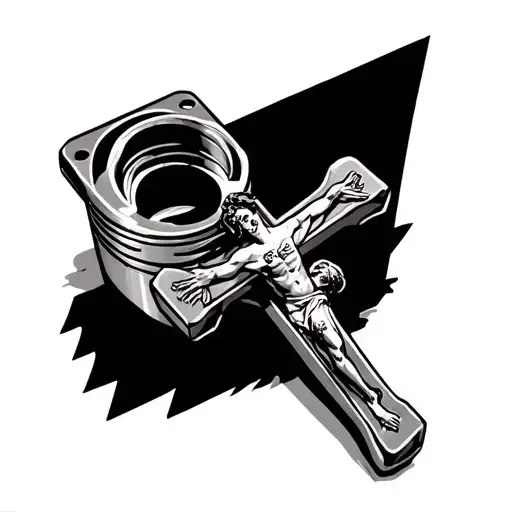 Automotive Piston On Forearm With A Christian Crucifix As The Connecting Pin