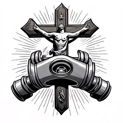 Automotive Piston On Forearm With A Christian Crucifix