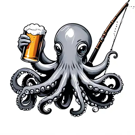 Octopus Holding A Beer And Fishing Pole Intertwined
